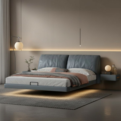 Dormitorio gris, camas de diseño, estructura de madera, muebles de lujo modernos.