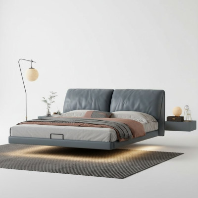 Dormitorio gris, camas de diseño, estructura de madera, muebles de lujo modernos.