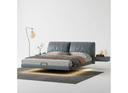 Dormitorio gris, camas de diseño, estructura de madera, muebles de lujo modernos.