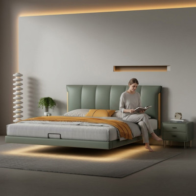 Cama de pared verde de diseñador, camas de dormitorio, camas de cuero, camas textiles.