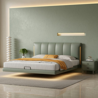 Cama de pared verde de diseñador, camas de dormitorio, camas de cuero, camas textiles.