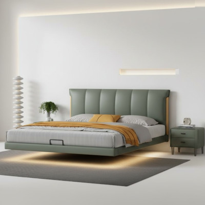 Cama de pared verde de diseñador, camas de dormitorio, camas de cuero, camas textiles.