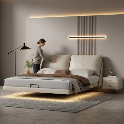 Dormitorio blanco, cama de pared, camas dobles de cuero de diseñador con estructura de madera.