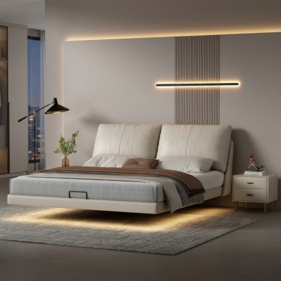 Dormitorio blanco, cama de pared, camas dobles de cuero de diseñador con estructura de madera.