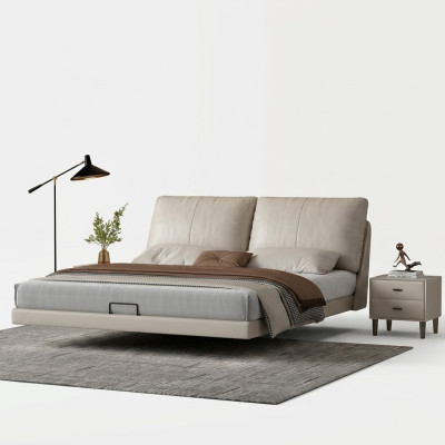 Dormitorio blanco, cama de pared, camas dobles de cuero de diseñador con estructura de madera.