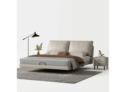 Dormitorio blanco, cama de pared, camas dobles de cuero de diseñador con estructura de madera.