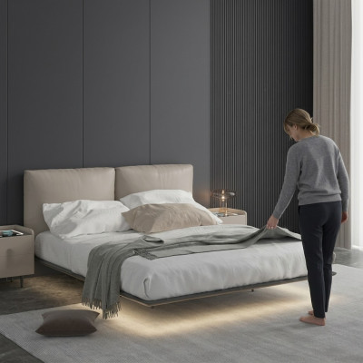 Pared de dormitorio gris claro Cama de pared Cama LED Diseñador de madera Camas dobles