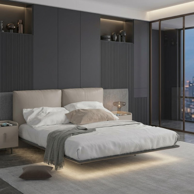Pared de dormitorio gris claro Cama de pared Cama LED Diseñador de madera Camas dobles