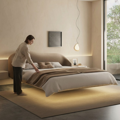Cama de pared beige, camas de dormitorio de diseñador, camas dobles de lujo de madera.