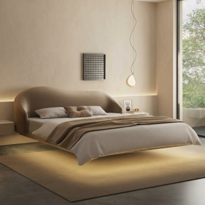 Cama de pared beige, camas de dormitorio de diseñador, camas dobles de lujo de madera.