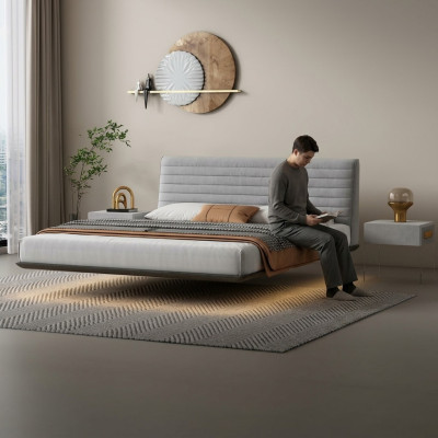 Cama de pared gris Diseño de dormitorio LED Camas dobles modernas