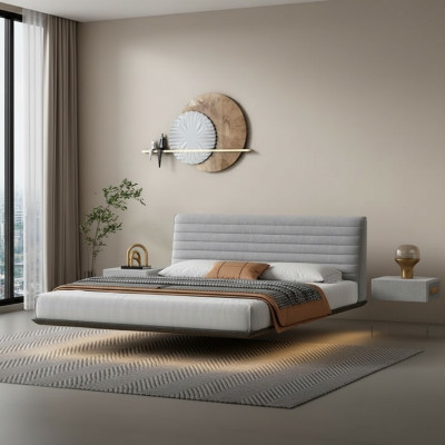 Cama de pared gris Diseño de dormitorio LED Camas dobles modernas
