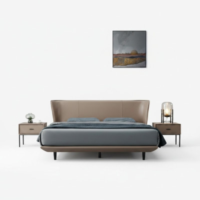 Cama doble de dormitorio en piel sintética beige, marco de madera de diseñador.