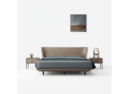 Cama doble de dormitorio en piel sintética beige, marco de madera de diseñador.