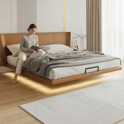 Cama de pared marrón Diseñador Dormitorio Muebles Estructura de madera Cama de cuero artificial
