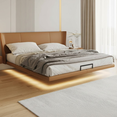 Cama de pared marrón Diseñador Dormitorio Muebles Estructura de madera Cama de cuero artificial