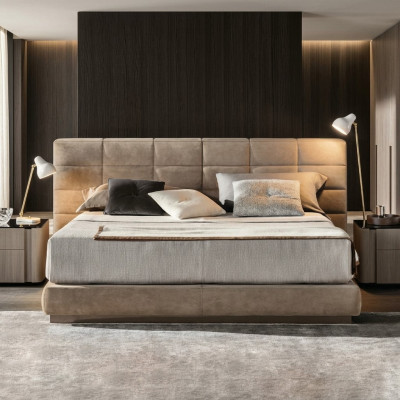 Cama doble beige para dormitorio, muebles modernos, camas de lujo con estructura de madera.