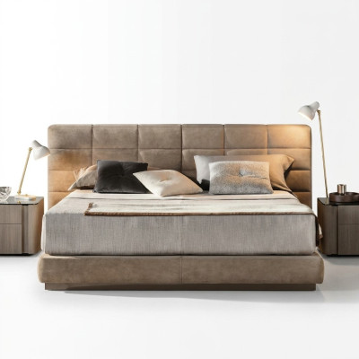 Cama doble beige para dormitorio, muebles modernos, camas de lujo con estructura de madera.