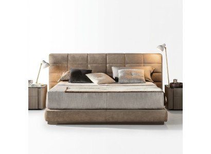 Cama doble beige para dormitorio, muebles modernos, camas de lujo con estructura de madera.