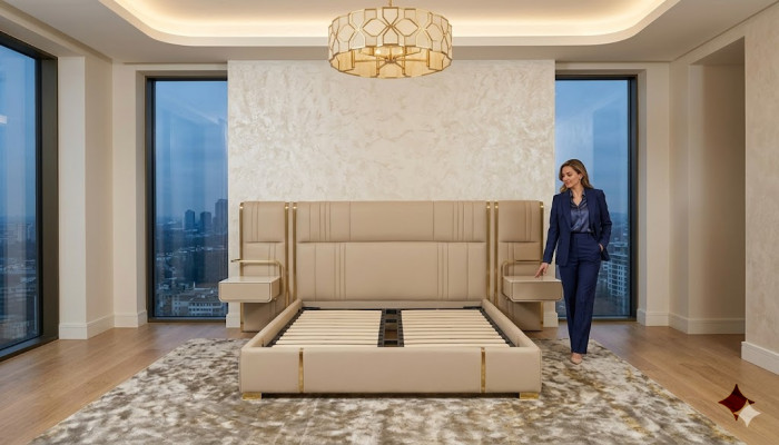 Dormitorio beige cama doble con cabecera grande camas de madera de diseñador.