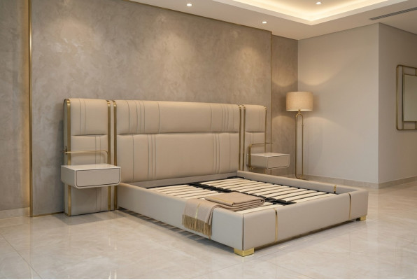 Dormitorio beige cama doble con cabecera grande camas de madera de diseñador.