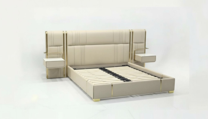 Dormitorio beige cama doble con cabecera grande camas de madera de diseñador.