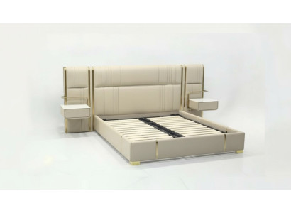Dormitorio beige cama doble con cabecera grande camas de madera de diseñador.