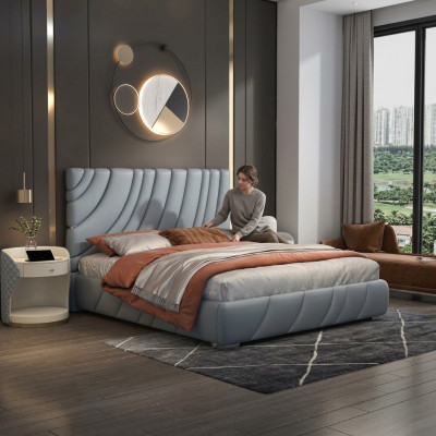 Cuero artificial gris Cama doble moderna Cama de acero inoxidable de lujo Estructura de madera