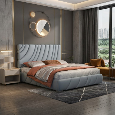 Cuero artificial gris Cama doble moderna Cama de acero inoxidable de lujo Estructura de madera