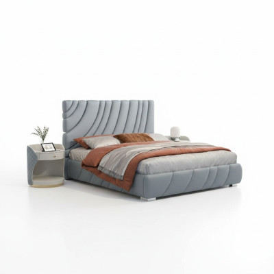 Cuero artificial gris Cama doble moderna Cama de acero inoxidable de lujo Estructura de madera