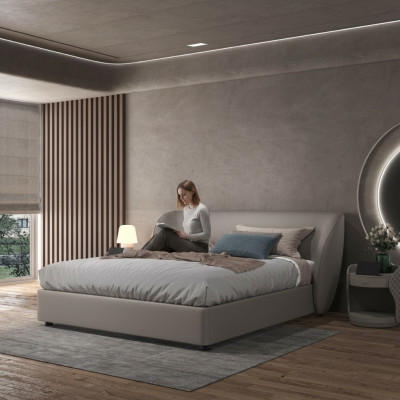 Dormitorio de diseñador gris cama doble camas textiles de madera camas de cuero