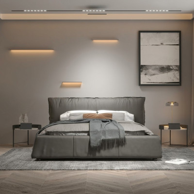 Dormitorio gris Cama de diseño Cama doble Estructura de madera Cama de cuero nueva