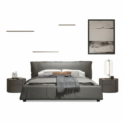 Dormitorio gris Cama de diseño Cama doble Estructura de madera Cama de cuero nueva