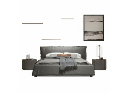 Dormitorio gris Cama de diseño Cama doble Estructura de madera Cama de cuero nueva