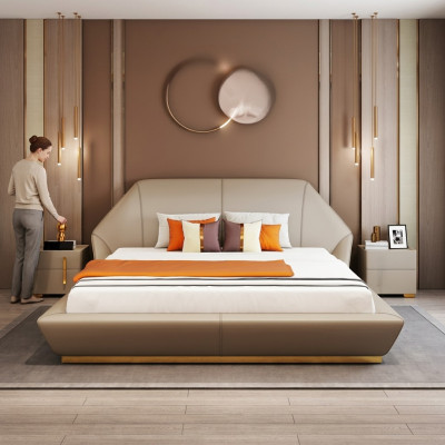 Cama doble blanca moderna de dormitorio, muebles de diseño, armazón de madera.