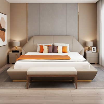 Cama doble blanca moderna de dormitorio, muebles de diseño, armazón de madera.