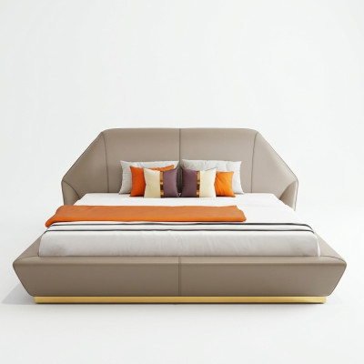 Cama doble blanca moderna de dormitorio, muebles de diseño, armazón de madera.