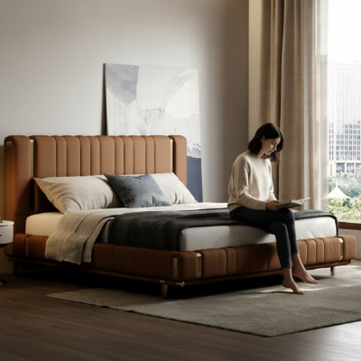 Cama doble marrón de lujo para dormitorio moderna con estructura de madera.
