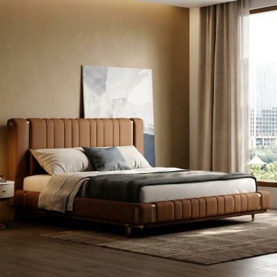 Cama doble marrón de lujo para dormitorio moderna con estructura de madera.