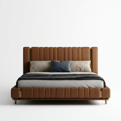 Cama doble marrón de lujo para dormitorio moderna con estructura de madera.