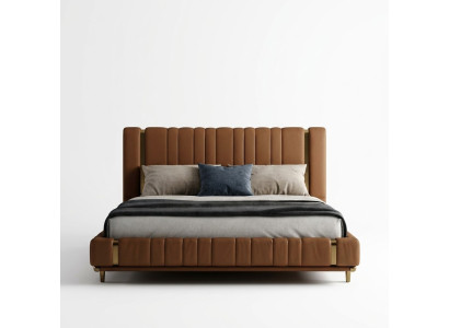 Cama doble marrón de lujo para dormitorio moderna con estructura de madera.