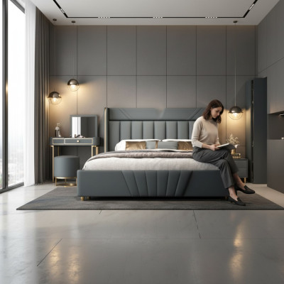 Dormitorio Cama gris Muebles de diseñador Materiales de lujo Estructura de madera