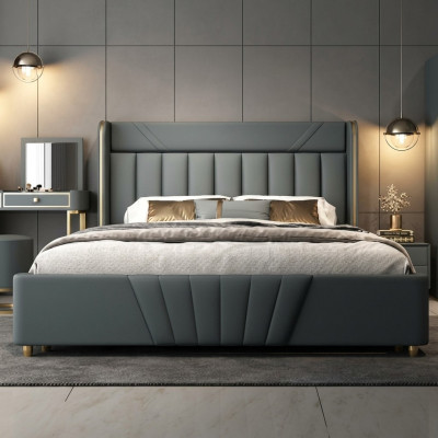 Dormitorio Cama gris Muebles de diseñador Materiales de lujo Estructura de madera