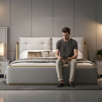 Diseñador Dormitorio blanco Cama de lujo Camas dobles Estructura de madera Moderna