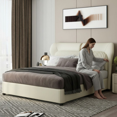 Cama de acero inoxidable blanco. Camas modernas para dormitorios de lujo con estructura de madera nueva.