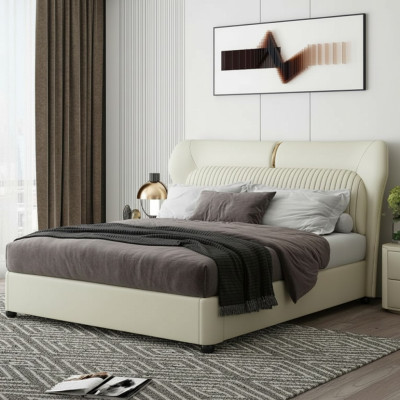 Cama de acero inoxidable blanco. Camas modernas para dormitorios de lujo con estructura de madera nueva.