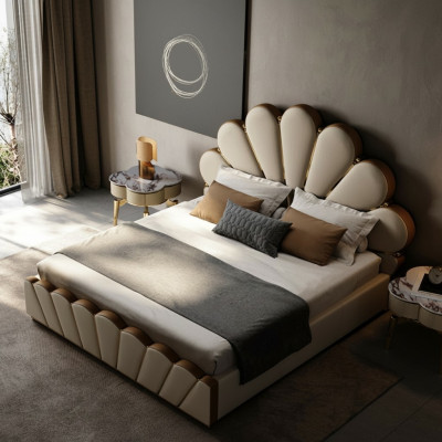 Moderna habitación de color beige cama de cuero sintético cama doble camas de diseño.