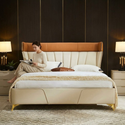 Dormitorio Cama doble beige Camas de cuero Estructura de madera Muebles de textiles
