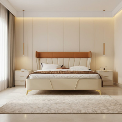 Dormitorio Cama doble beige Camas de cuero Estructura de madera Muebles de textiles