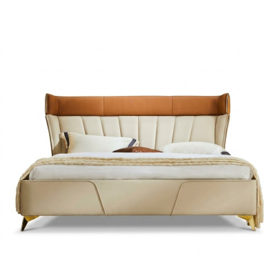 Dormitorio Cama doble beige Camas de cuero Estructura de madera Muebles de textiles